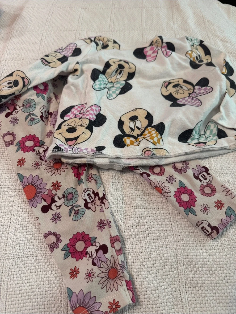 Disney Minnie Mouse Girls Pajama Set - White Top & Pink Floral Leggings